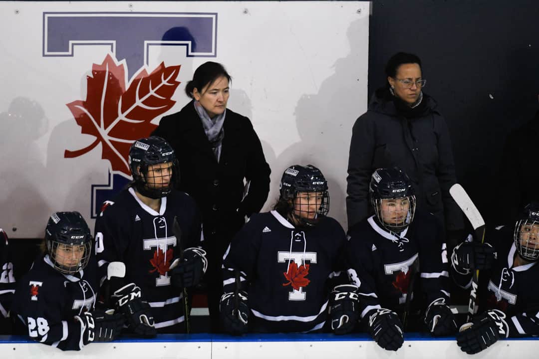 Vicky Sunohara leads her team from the bench. PHOTO BY MARTIN BAZYL, COURTESY OF THE VARSITY BLUES