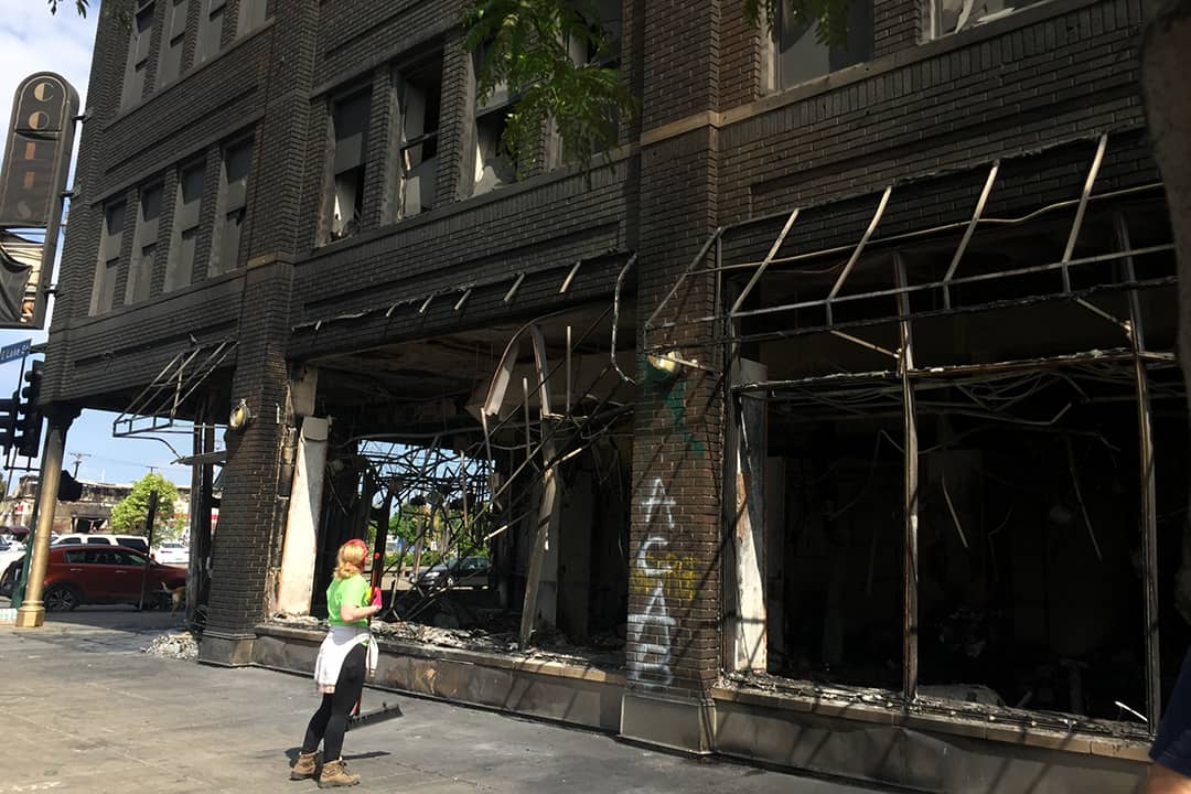 A charred, empty building left in the aftermath of the Minneapolis protests. COURTESY OF LIZ GREENBAUM