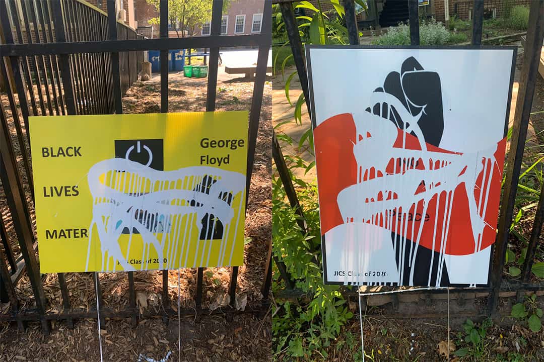 Two signs were vandalized with white paint on the second night.COURTESY OF JACKMANICS LAB SCHOOL/TWITTER